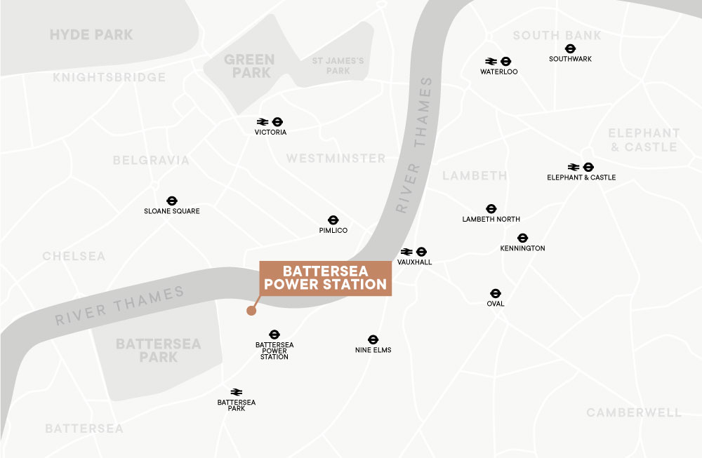 Map of the location of Battersea Power Station relative to the local public transport network